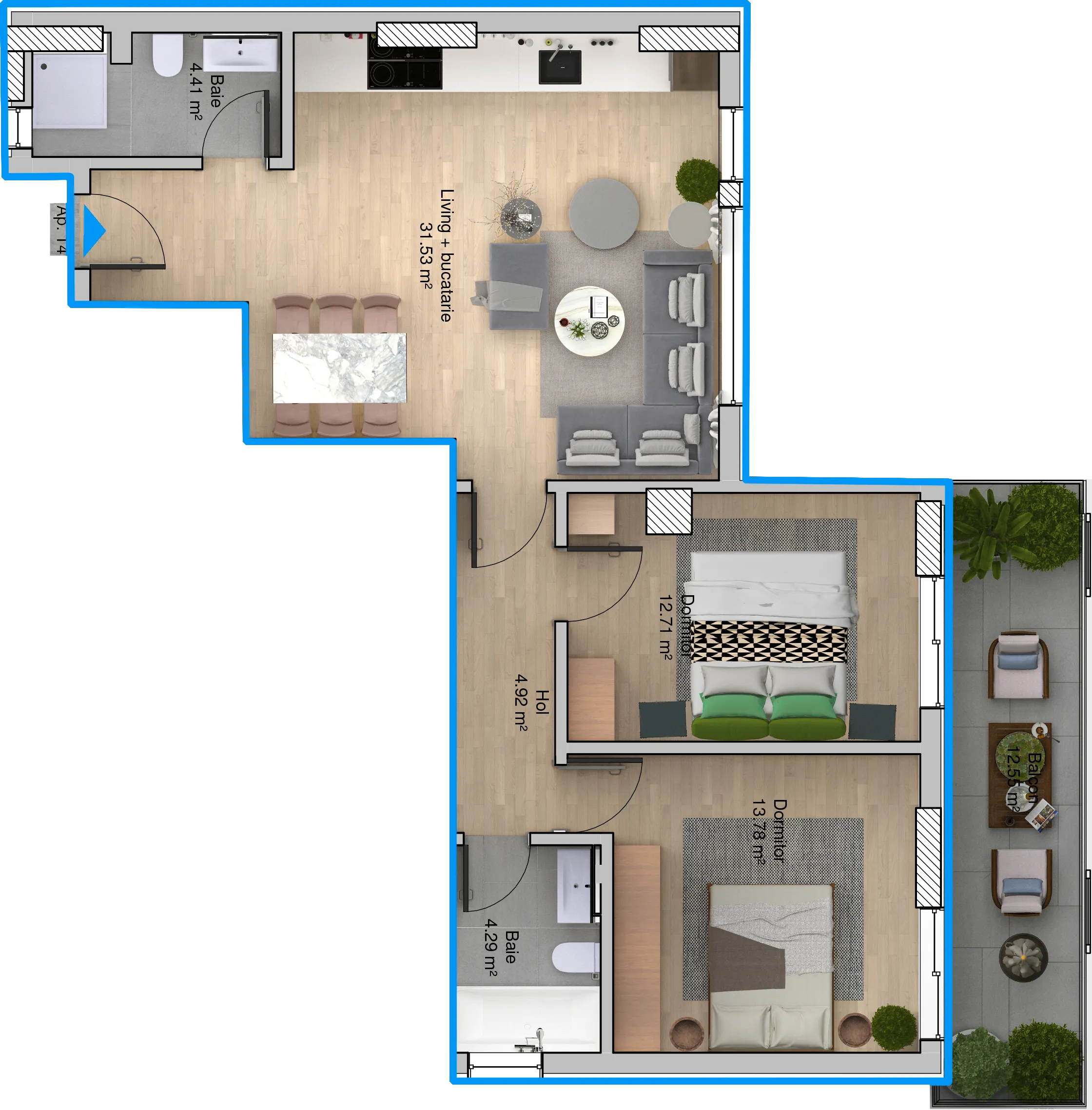 Apartament etaj 3 camere Tip C